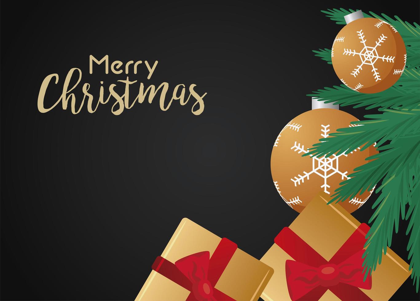 happy merry christmas lettering card with golden gifts and balls vector