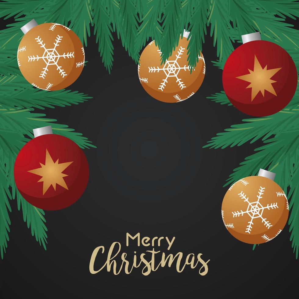 happy merry christmas lettering card with balls and leafs vector