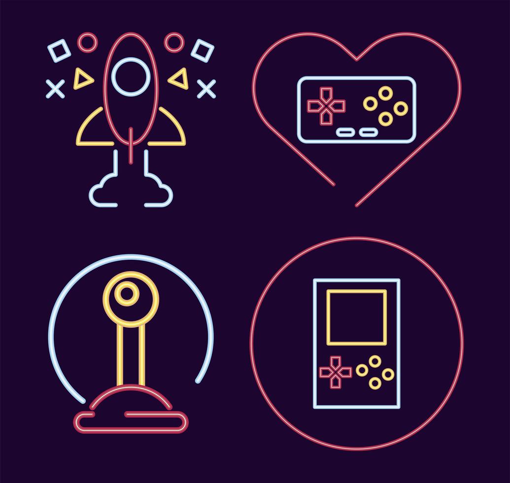 bundle of four video game neon style icons vector