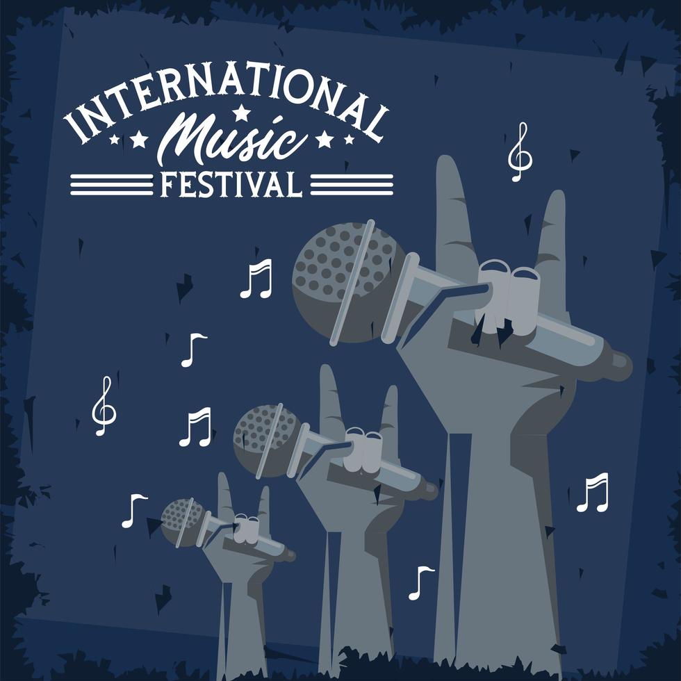 international music festival poster with hands lifting microphones vector