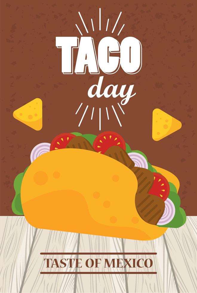 cartel mexicano de celebración del día del taco con nachos vector