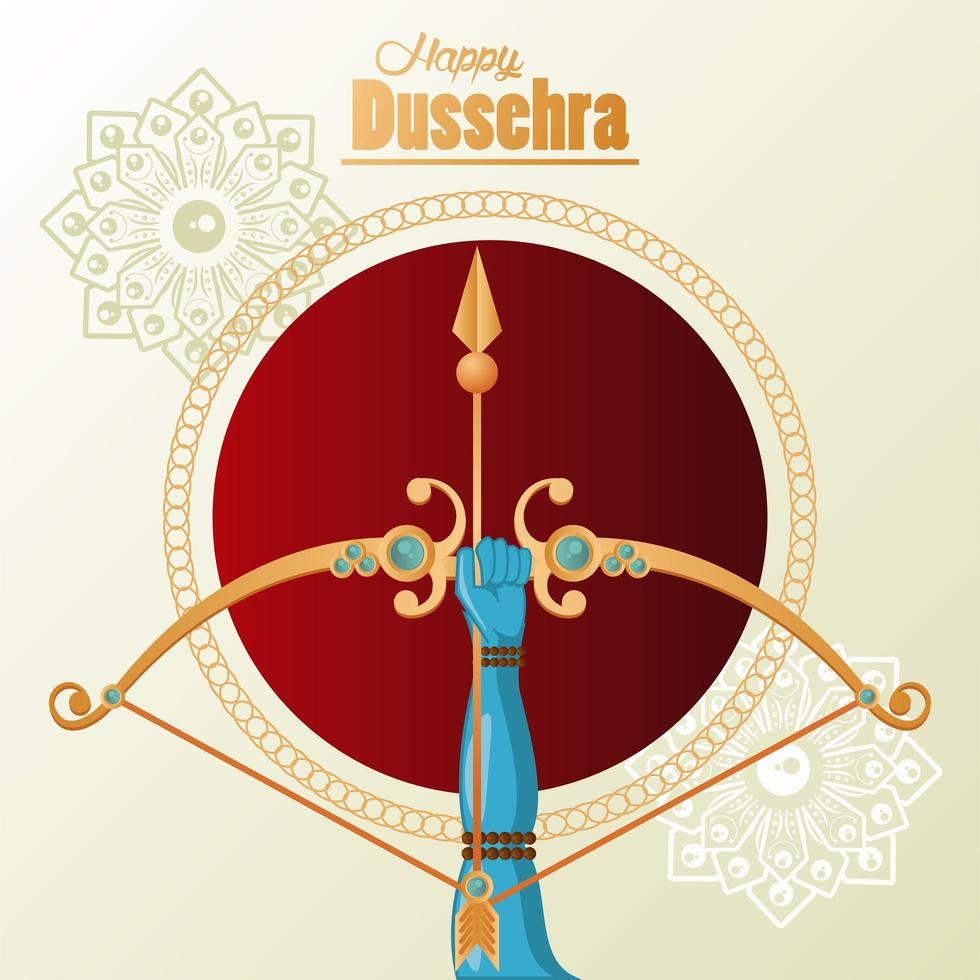 happy dussehra celebration card with hand and golden arch vector
