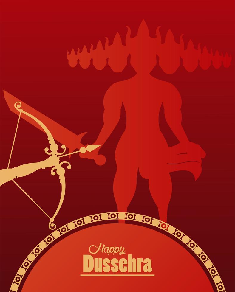 happy dussehra celebration card with ravana shadow and arch vector