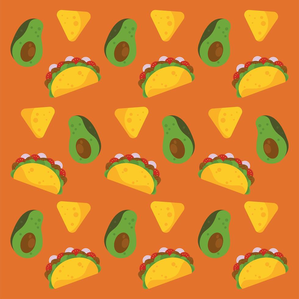 taco day celebration mexican poster with avocados and nachos pattern vector
