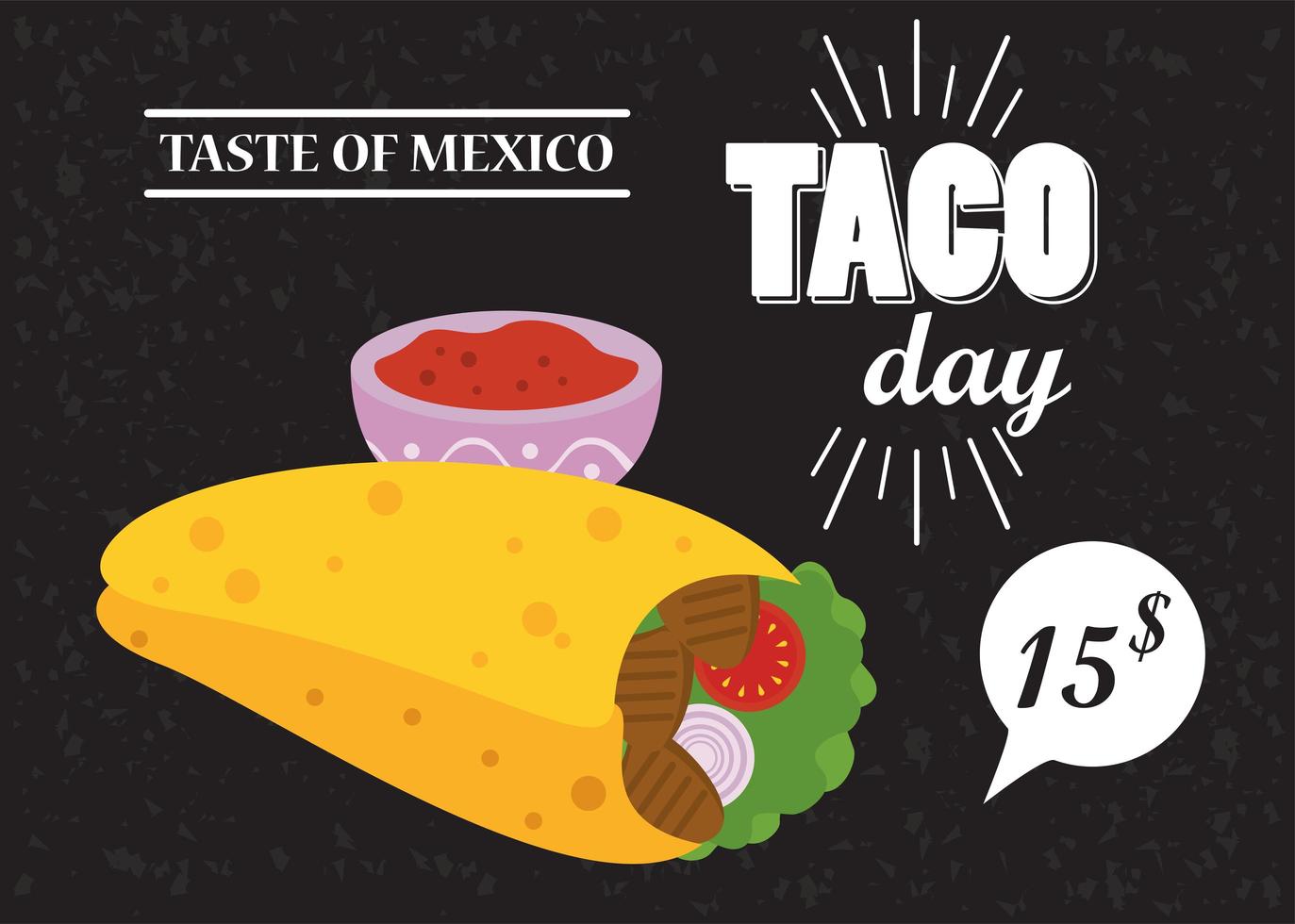 cartel mexicano de celebración del día del taco con salsa de tomate y precio vector