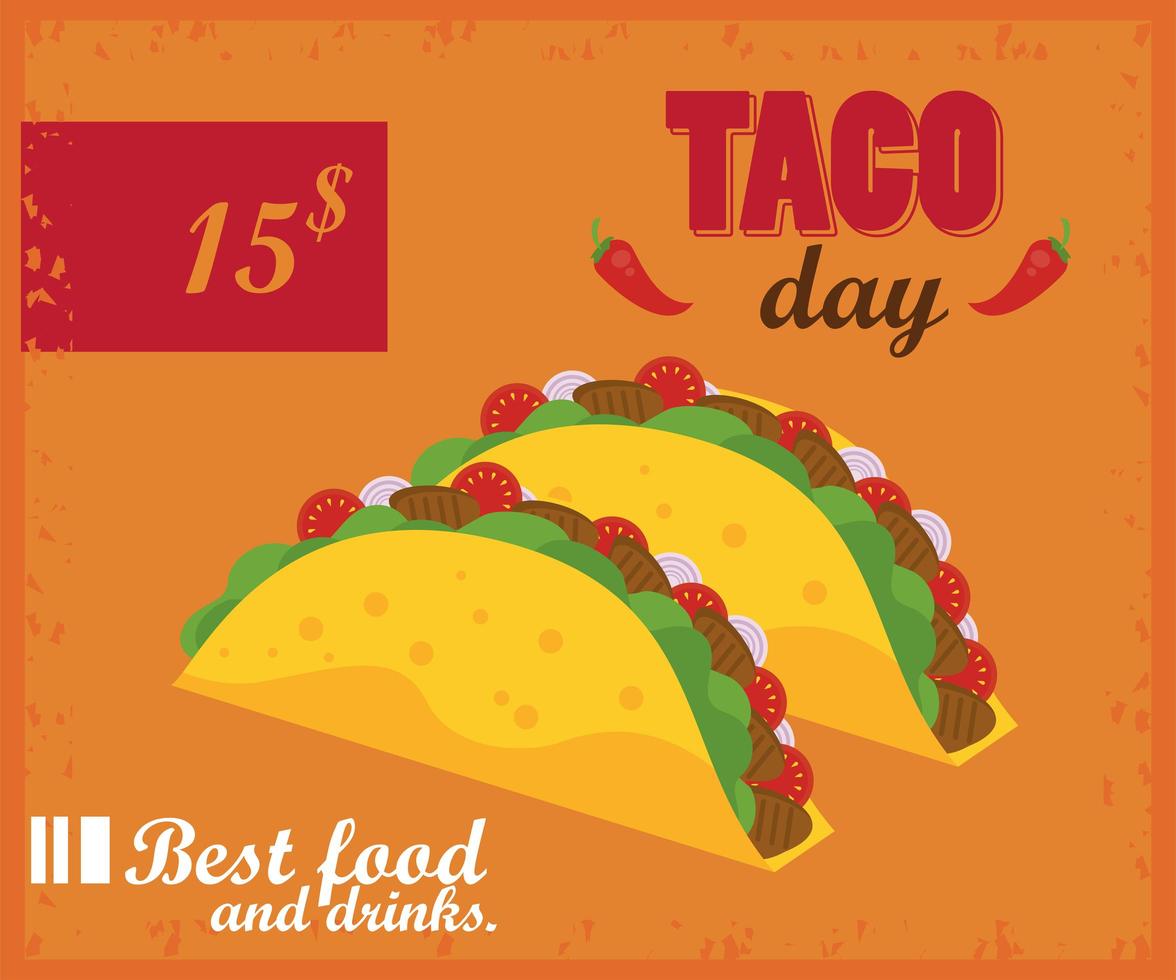 cartel mexicano de celebración del día del taco con tacos y precio vector