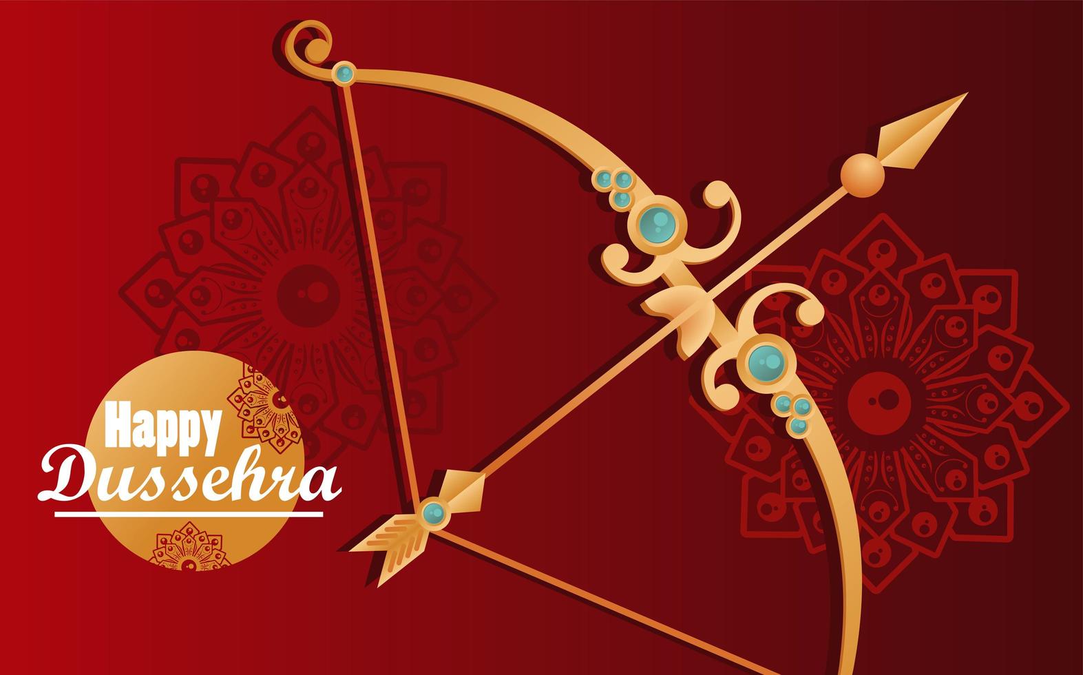 Tarjeta de celebración feliz dussehra con arco y letras en fondo rojo. vector