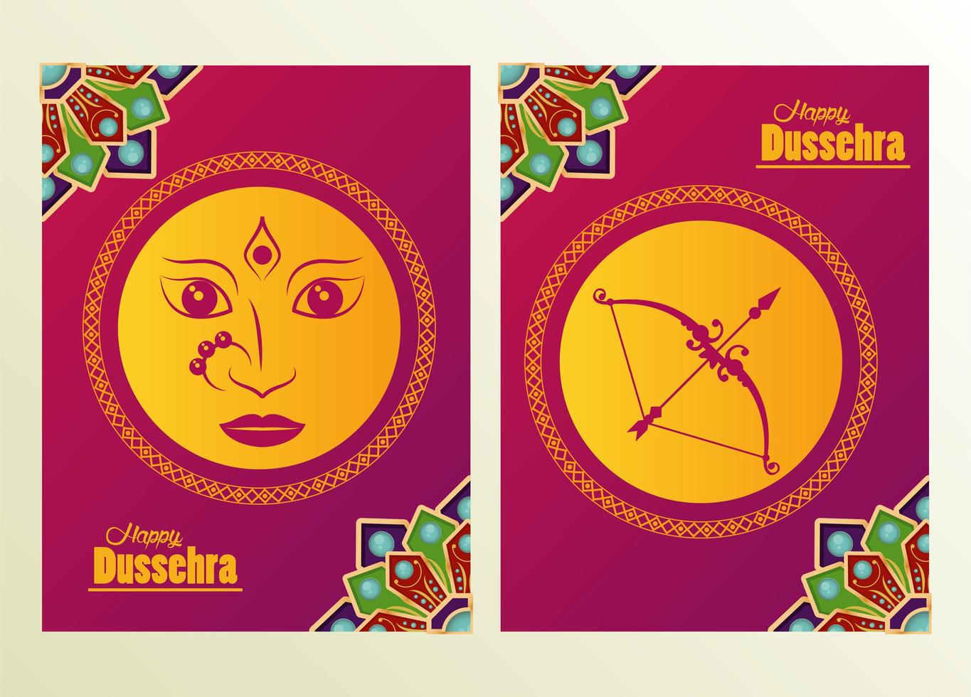 tarjeta de celebración feliz dussehra con cara de diosa y marcos de arco vector