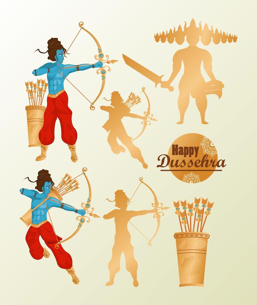 Tarjeta de celebración feliz dussehra con iconos de conjunto vector