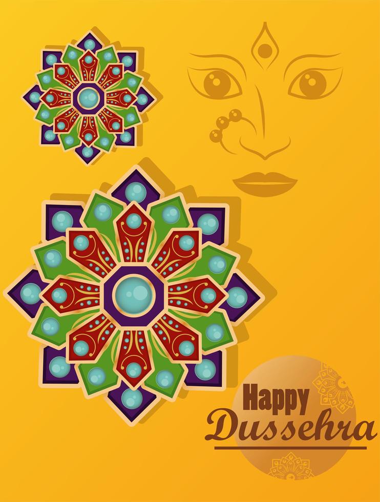 Tarjeta de celebración feliz dussehra con cara de diosa y mandalas en fondo amarillo vector