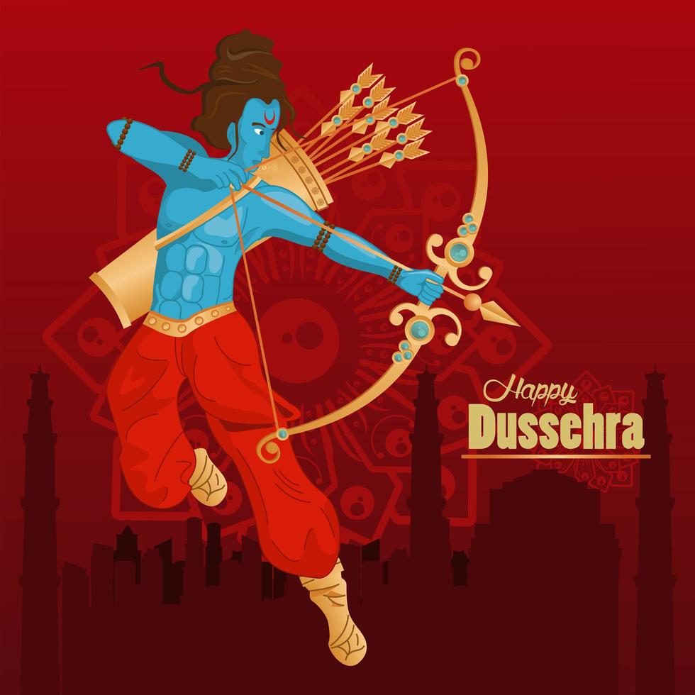 happy dussehra celebration card with blue rama character in red background vector