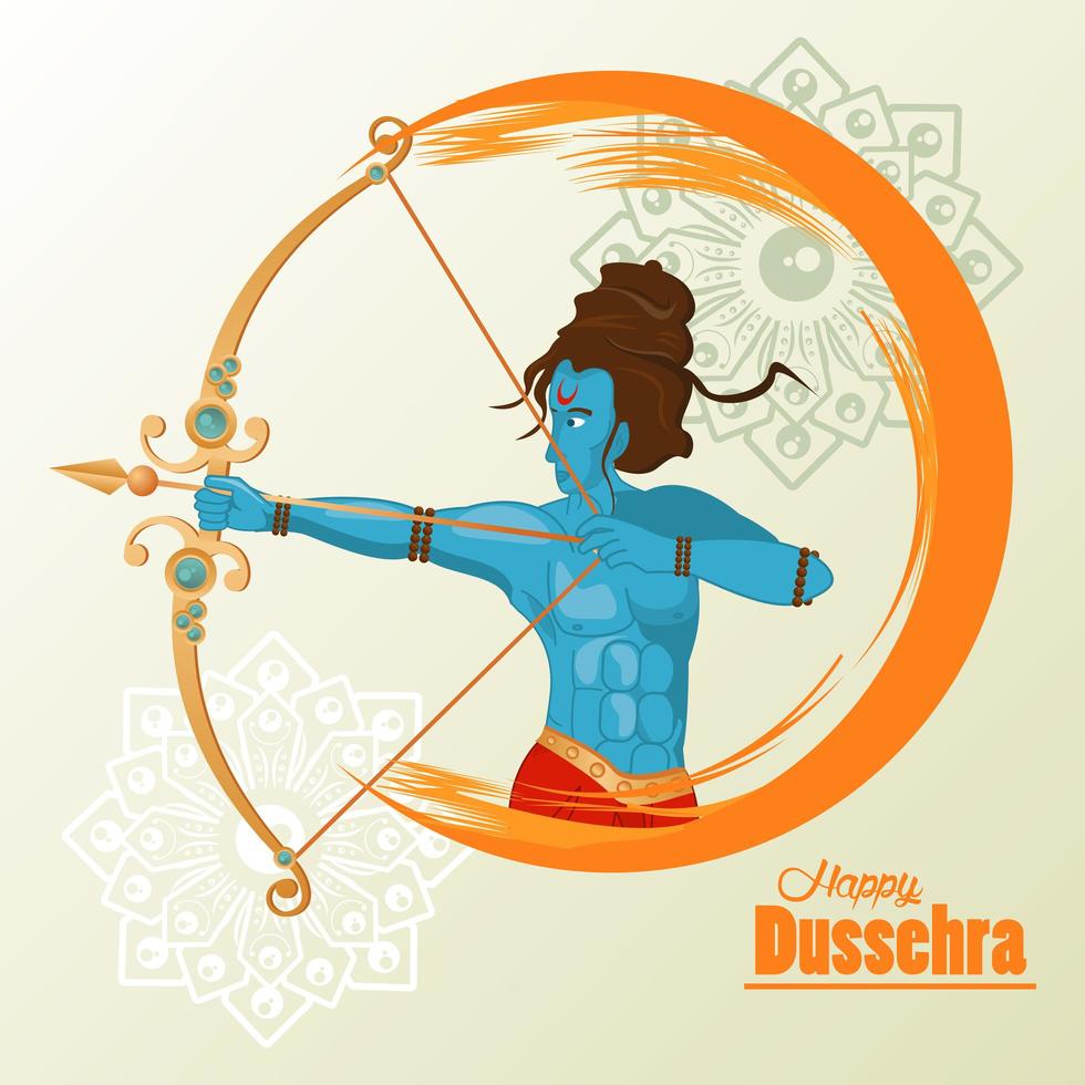 happy dussehra celebration card with blue rama character and lettering vector