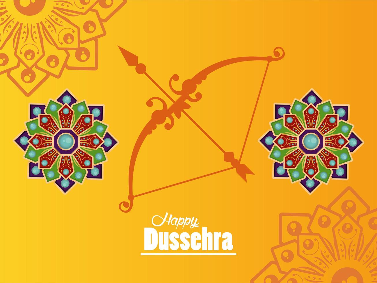 tarjeta de celebración feliz dussehra con arco y mandalas vector