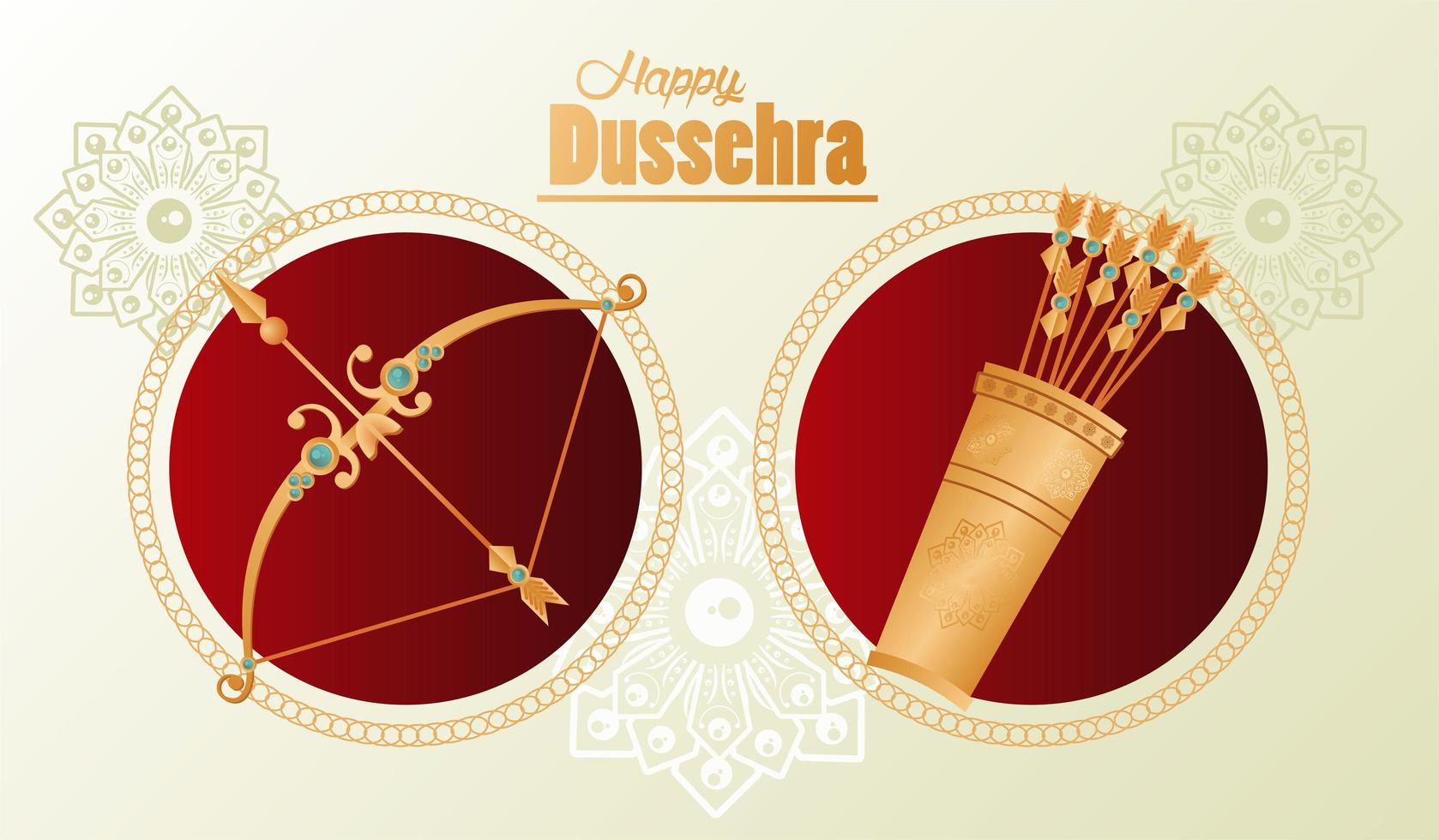 happy dussehra celebration lettering card with arch and arrows bag vector