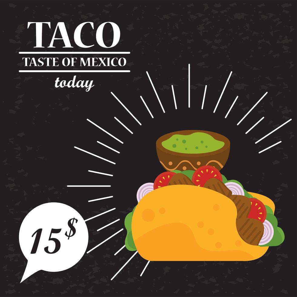 taco day celebration mexican poster with guacamole sauce and price vector