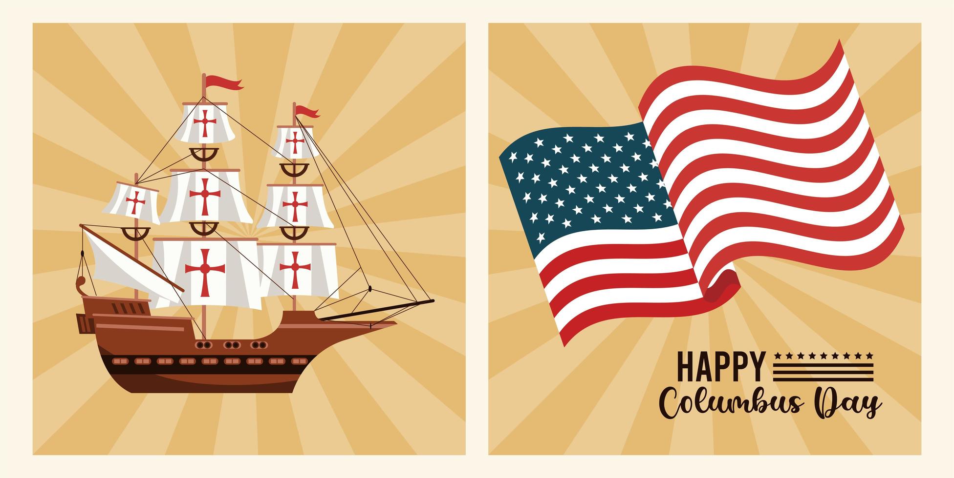 feliz celebración del día de colón con bandera de estados unidos y barco vector