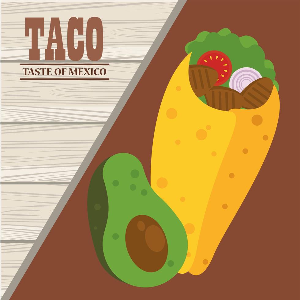 taco day celebration mexican poster with avocado wooden background vector