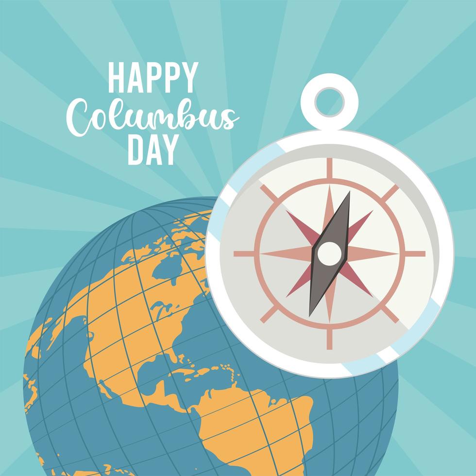 happy columbus day celebration with compass guide and earth planet vector