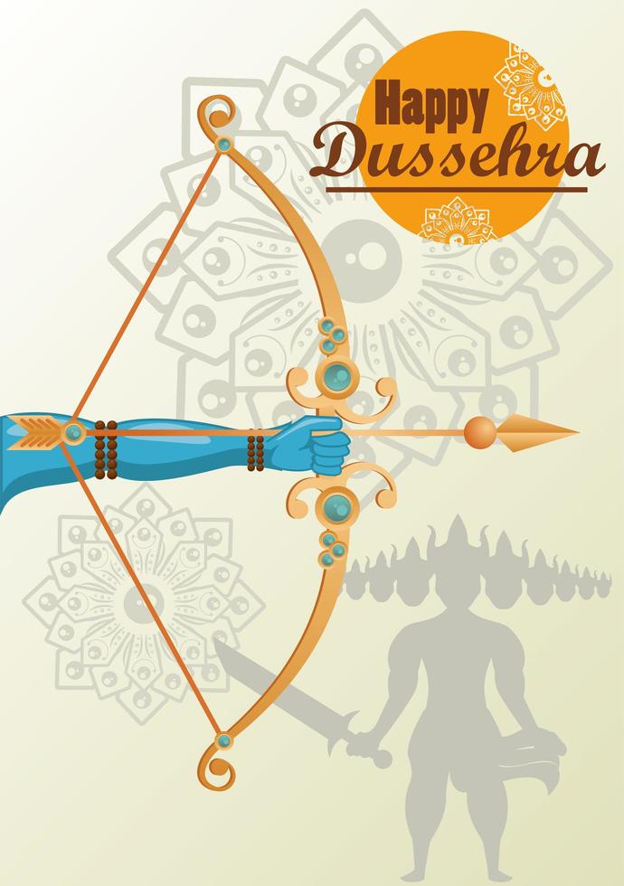 happy dussehra celebration lettering card with hand and arch vector