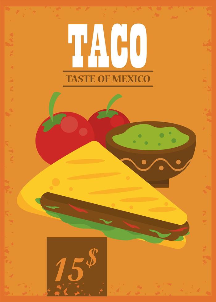 cartel mexicano de celebración del día del taco con salsa de guacamole y tomates vector