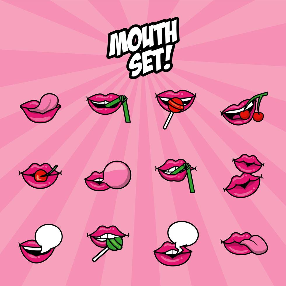 bundle of twelve pop art mouths fill style icons vector