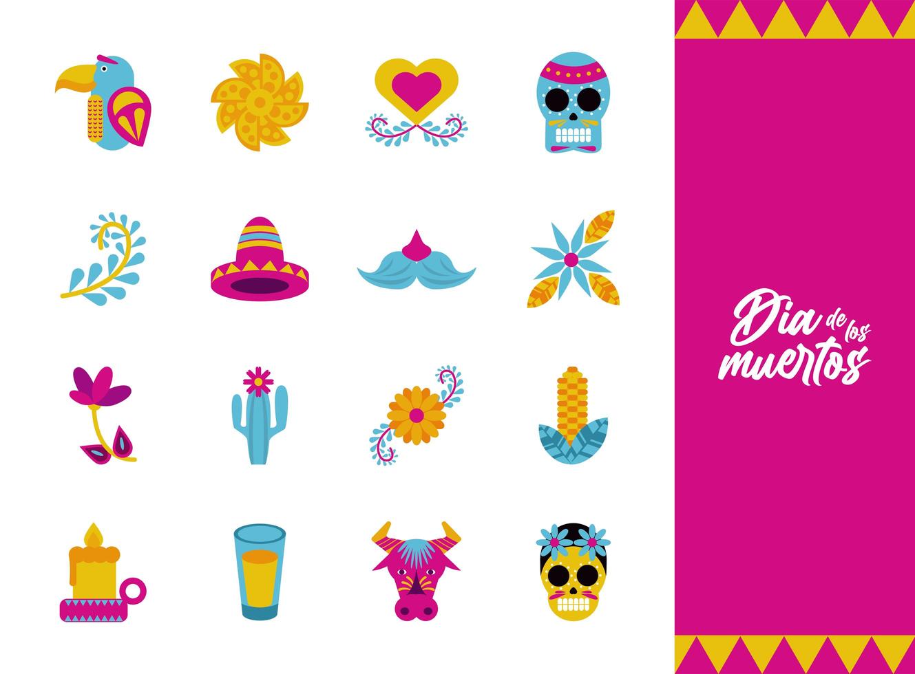 bundle of sixteen dia de los muertos set icons vector