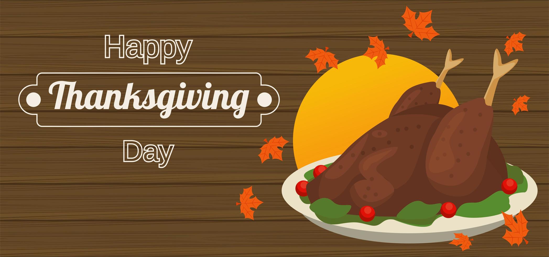 happy thanksgiving day poster with turkey food in wooden background vector