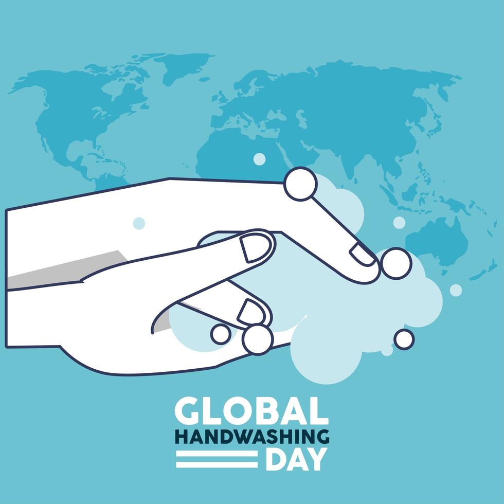 letras del día mundial del lavado de manos con lavado de manos y mapas de la tierra vector