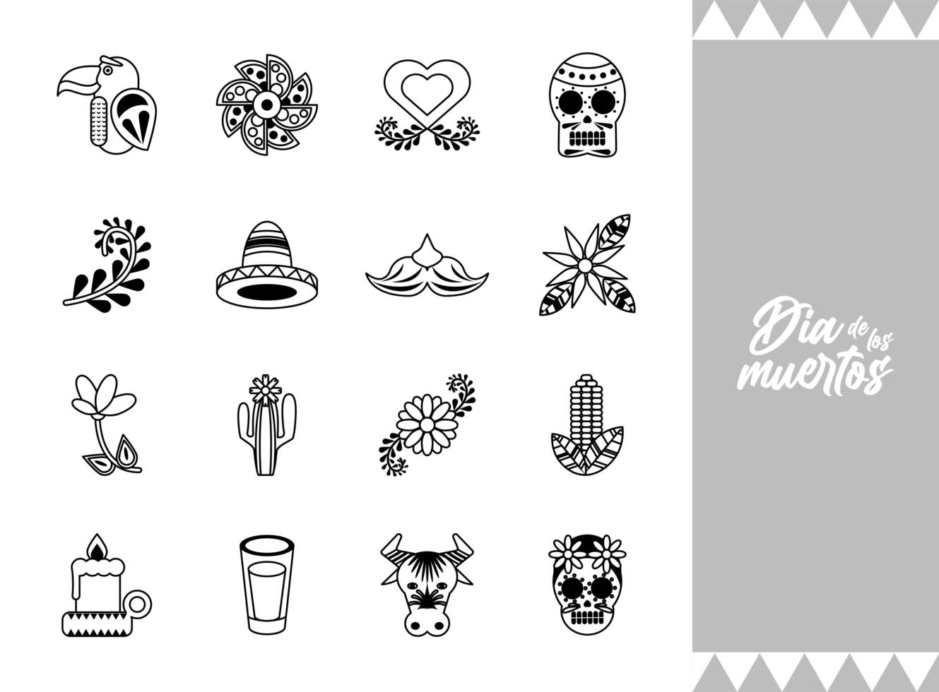 paquete de dieciséis dia de los muertos establecer iconos vector