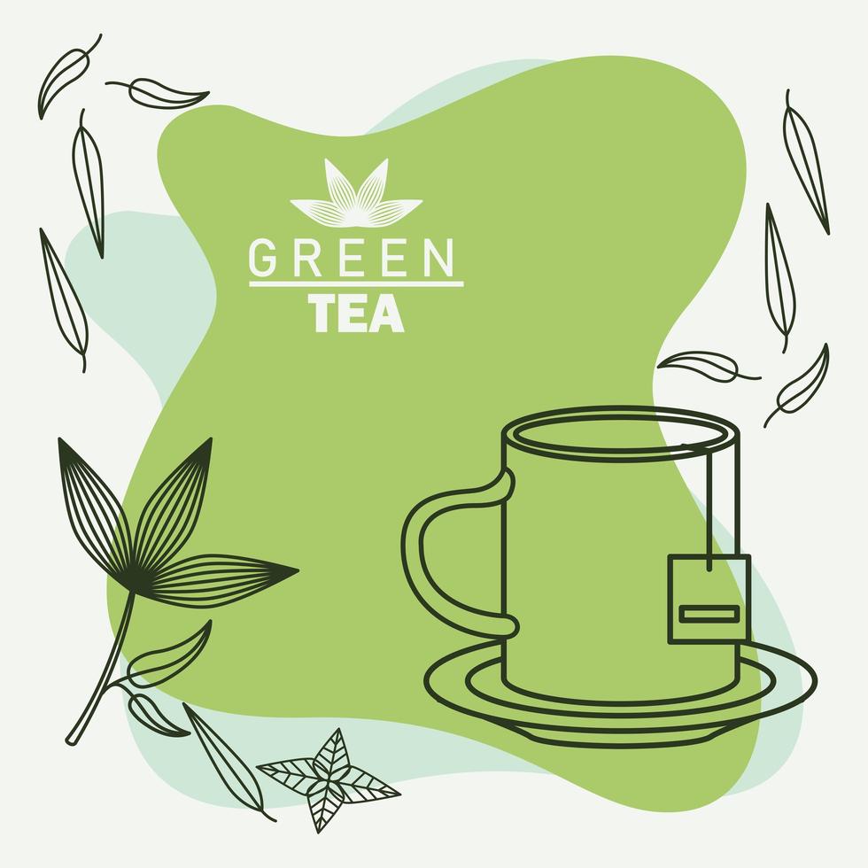 green tea lettering poster with mug and leafs vector