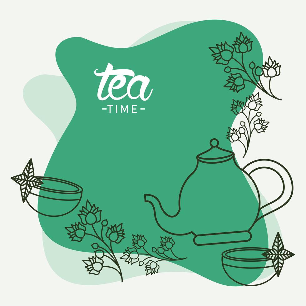 tea time lettering poster with teapot and cups vector