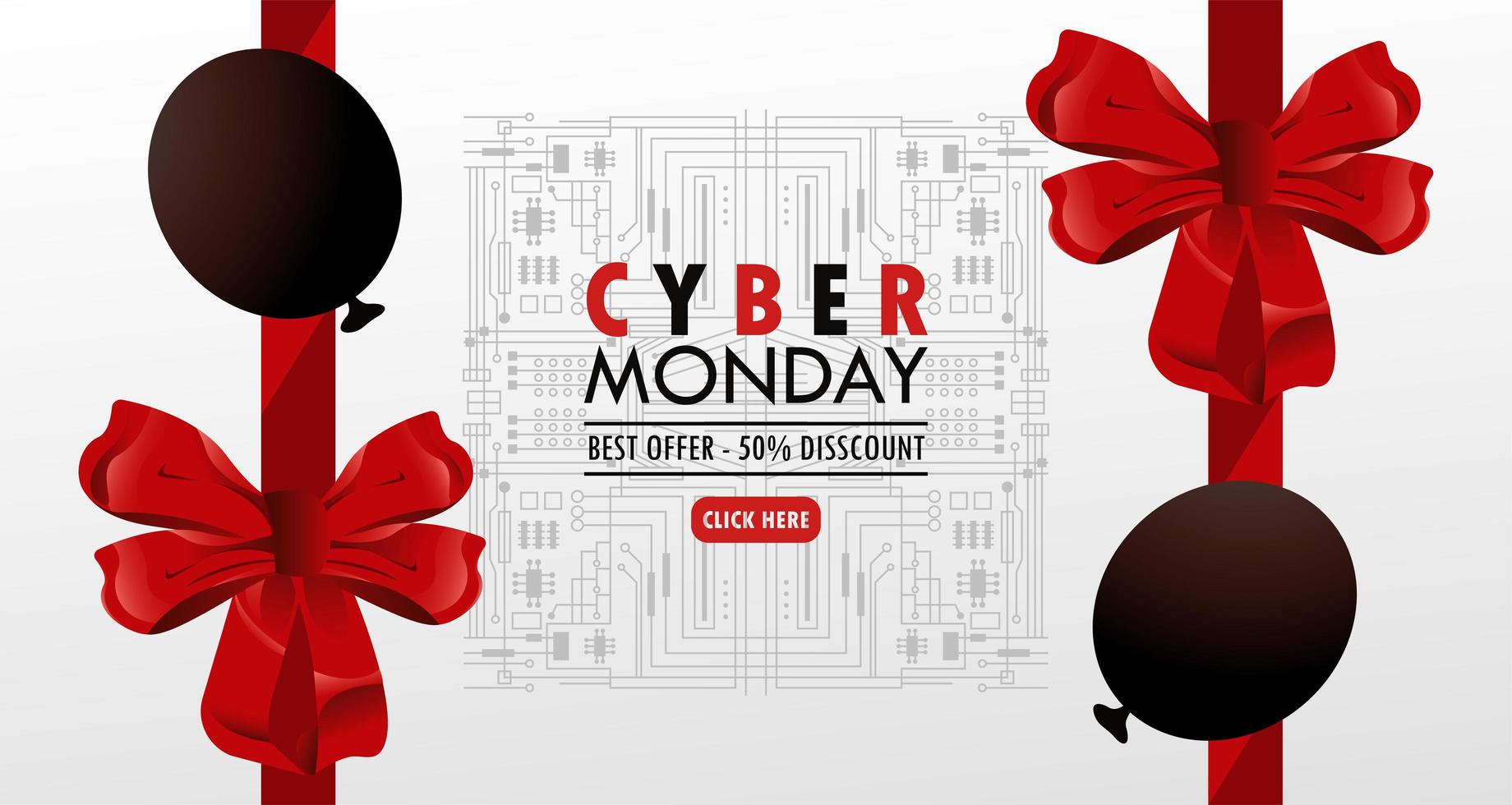 cartel de vacaciones de cyber monday con globos de color rojo helio y arcos vector