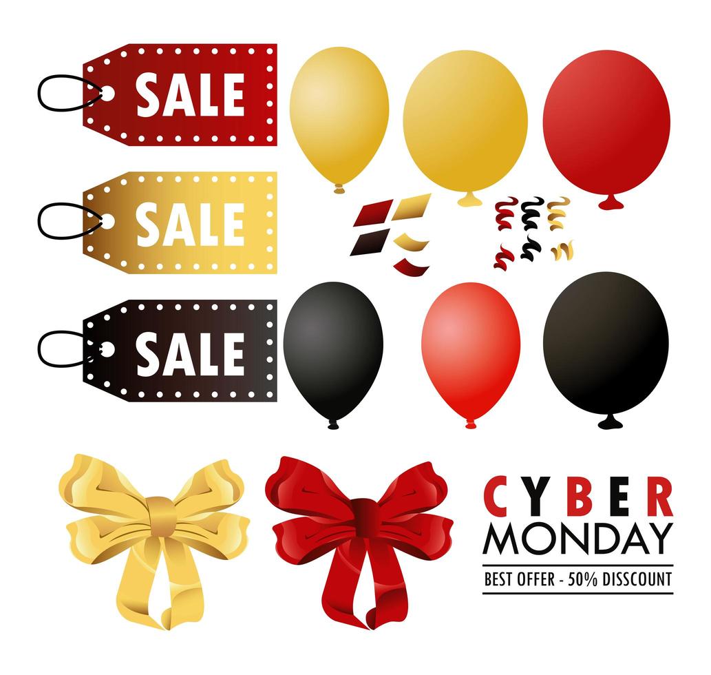 cyber monday holiday poster with set colors balloons helium and tags vector