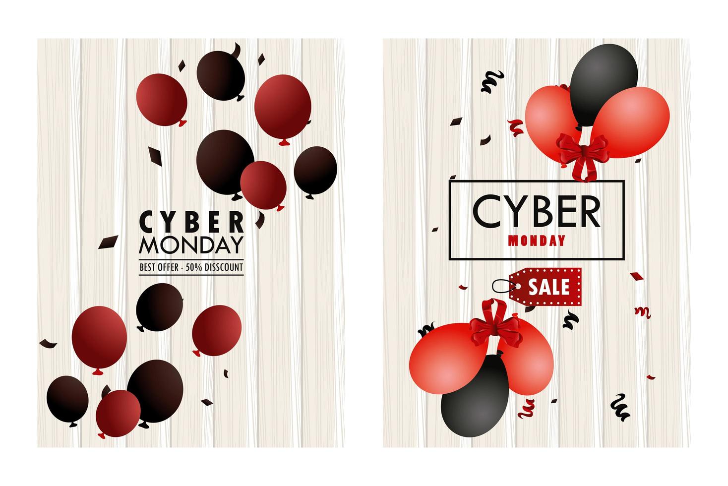 Cartel de vacaciones de Cyber Monday con globos de colores rojo y negro, marcos de madera de helio vector