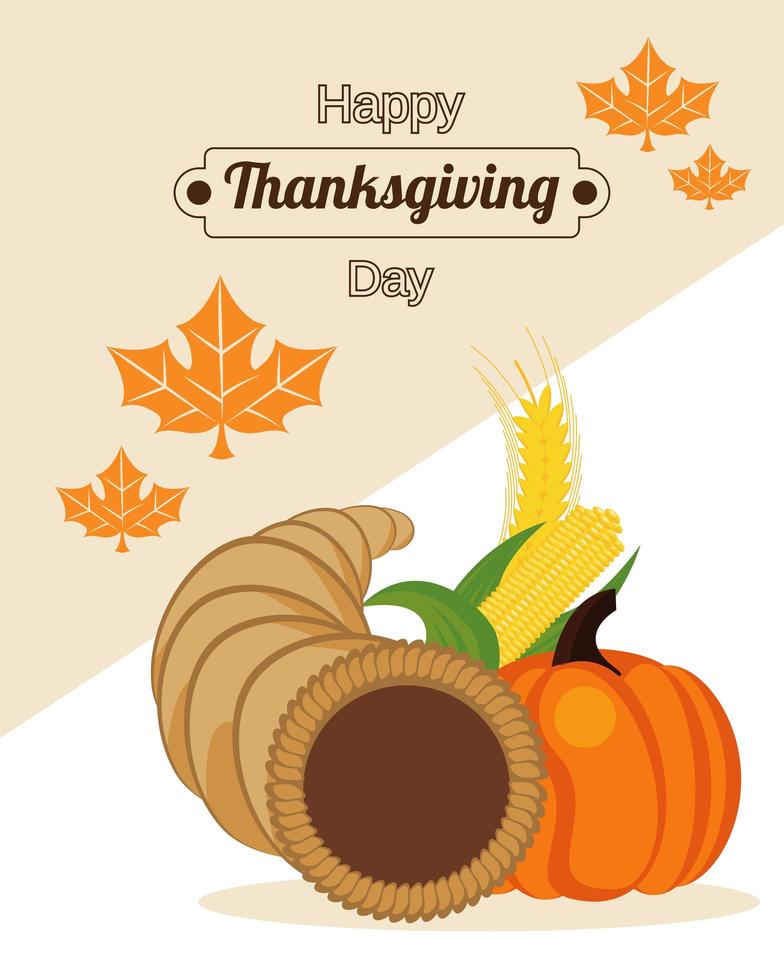 happy thanksgiving day poster with pumpkin in horn and corn cobs vector