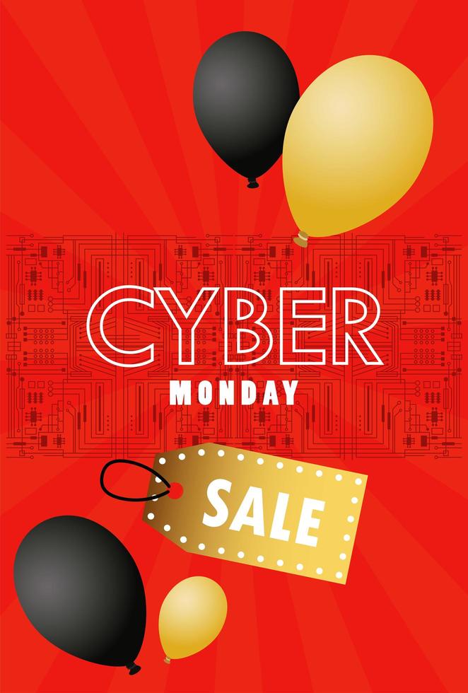cyber monday holiday poster with golden and black colors balloons helium vector