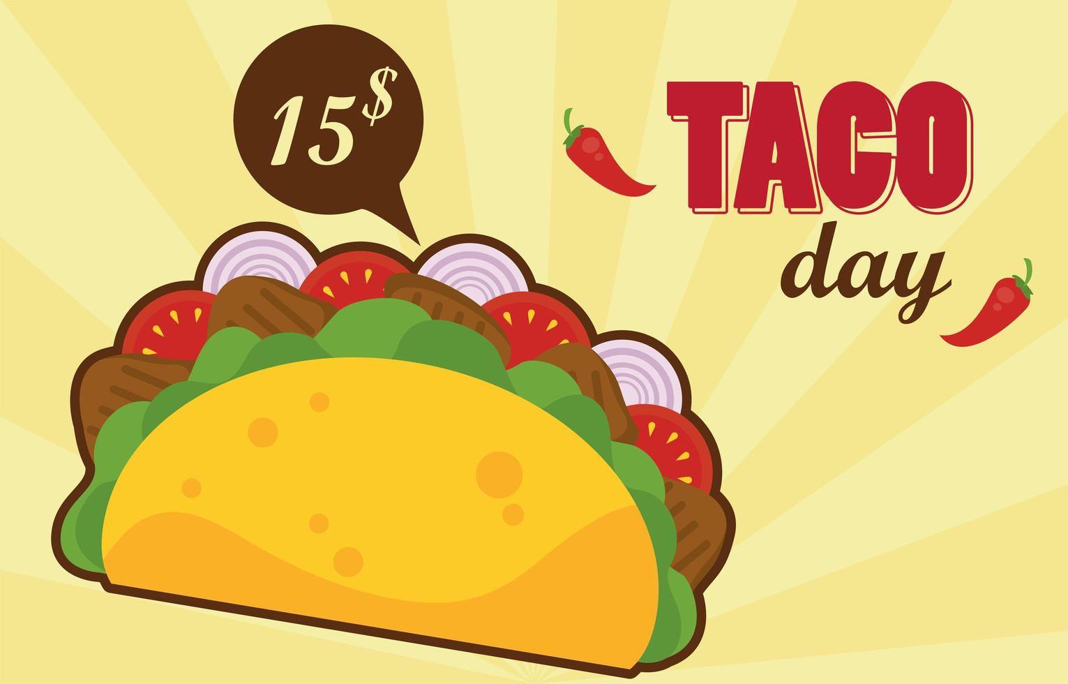 cartel mexicano de celebración del día del taco con etiqueta de precio vector