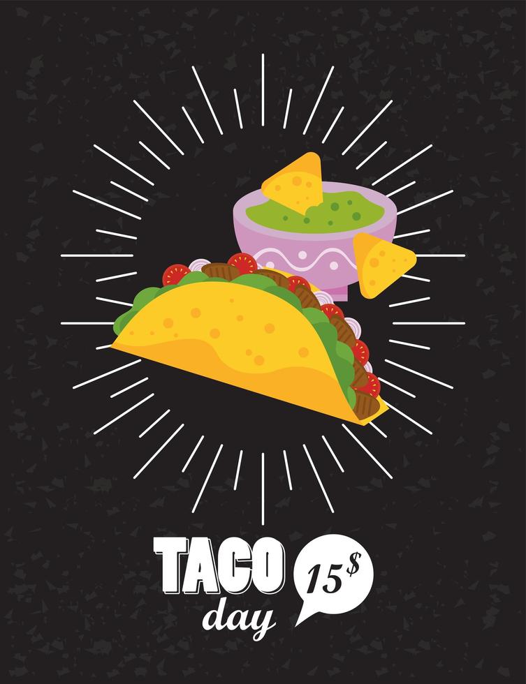 taco day celebration mexican poster with nachos and guacamole sauce vector