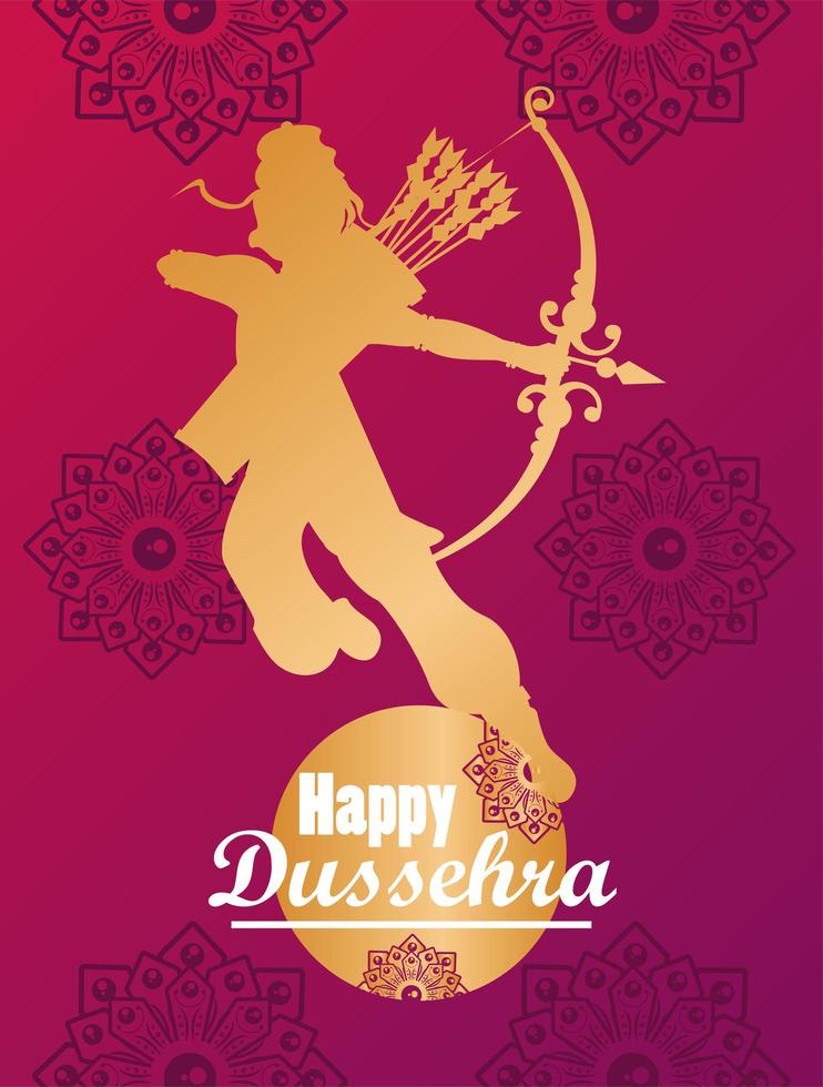 happy dussehra celebration card with golden god rama and lettering vector