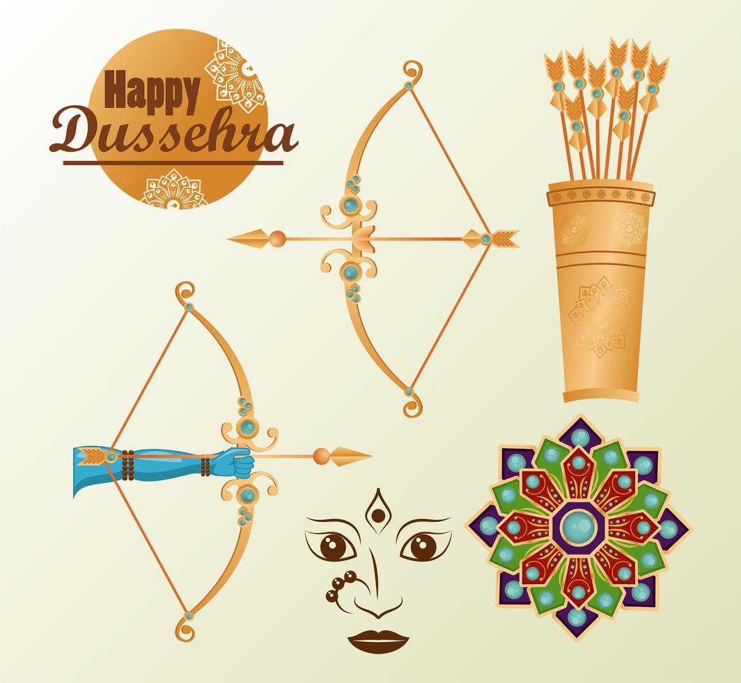 tarjeta de celebración feliz dussehra con letras abd establecer iconos vector