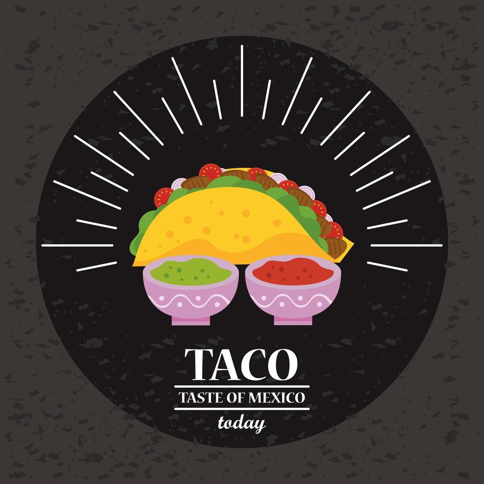cartel de celebración del día del taco con salsas de tomate y guacamole vector