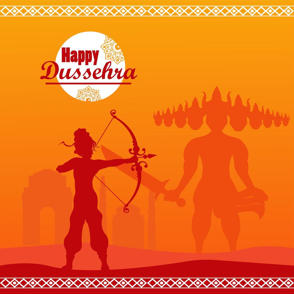 happy dussehra celebration card with god rama shadow and ravana vector