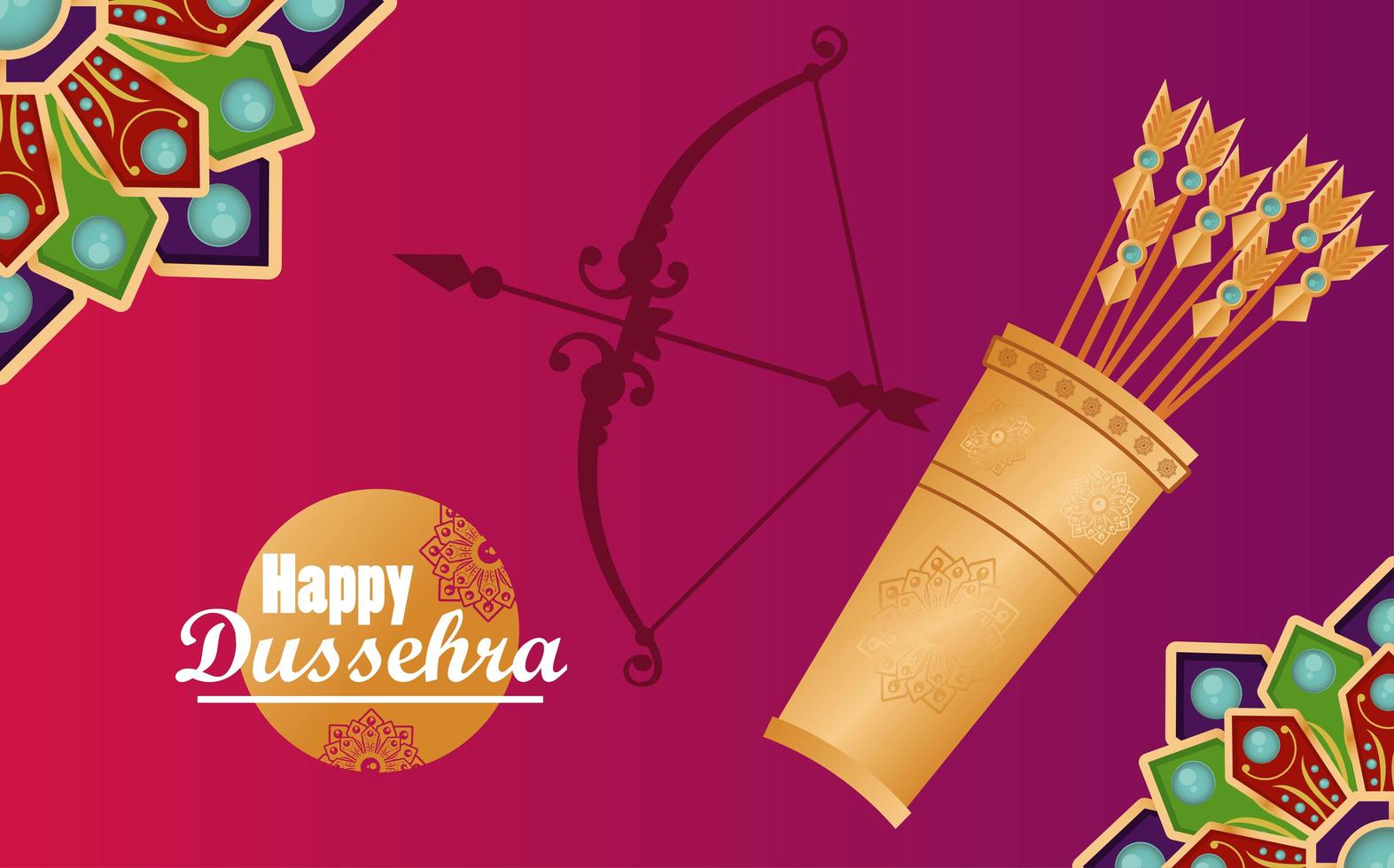 Tarjeta de celebración feliz dussehra con bolsa de arco y flechas en fondo púrpura vector