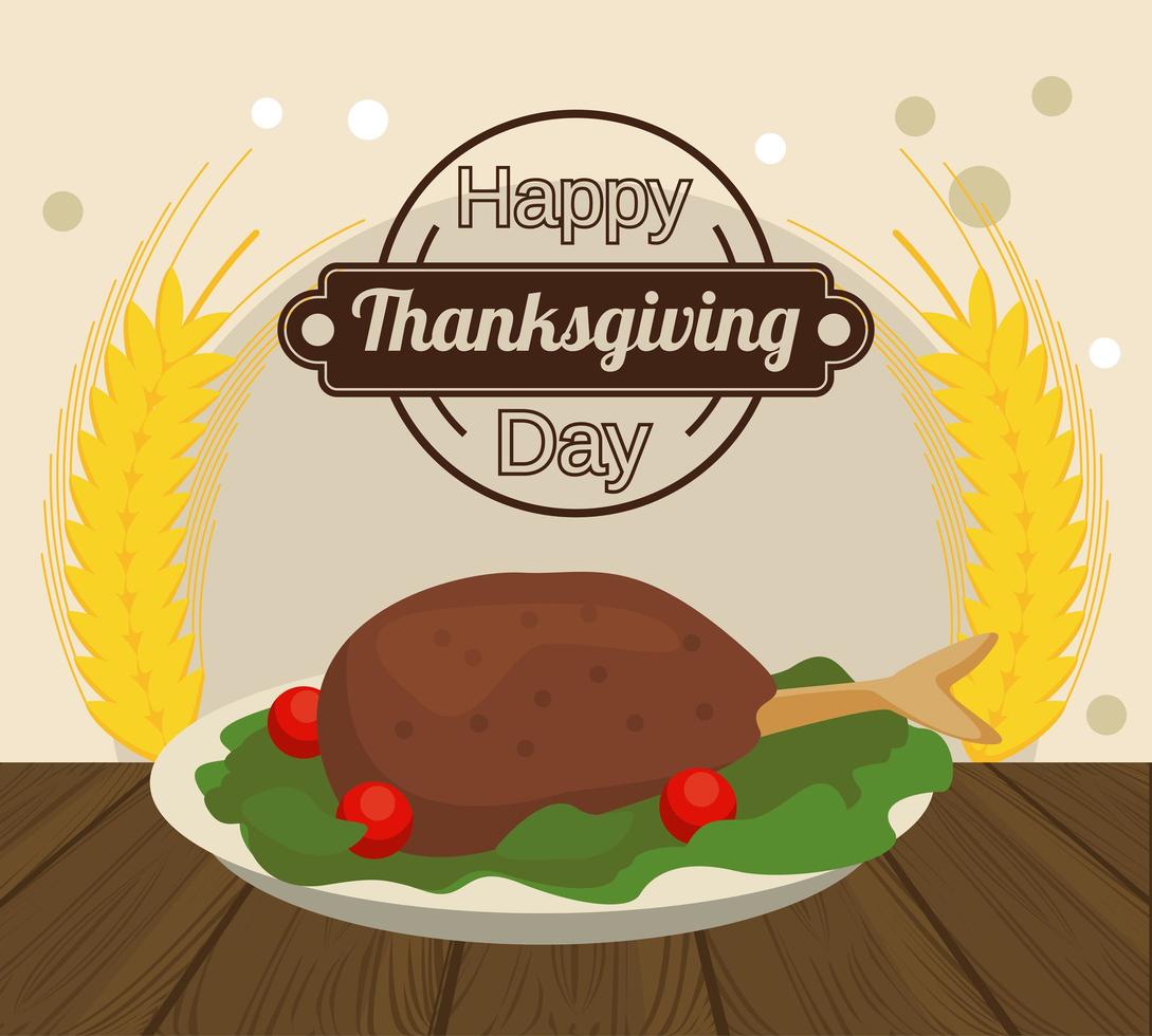 happy thanksgiving day poster with turkey food and spikes vector