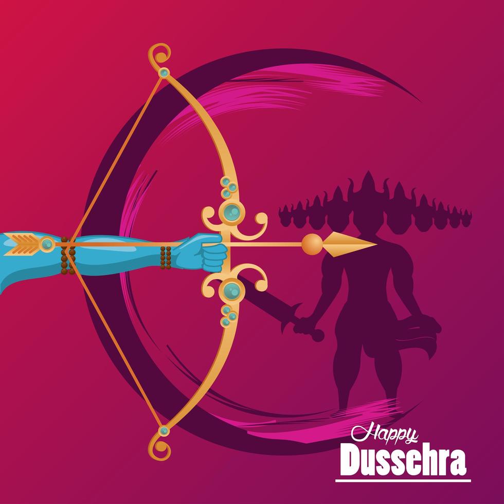 happy dussehra celebration card with hand and arch with ravana vector