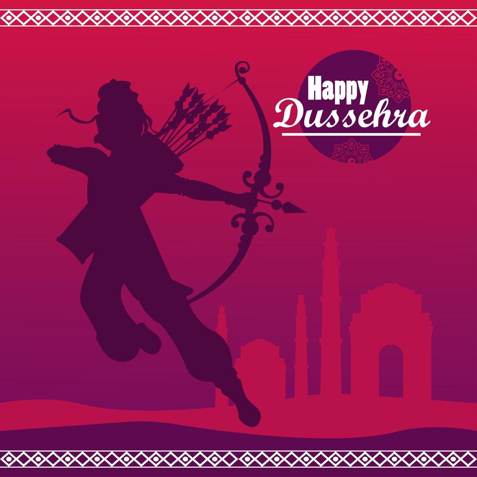 Tarjeta de celebración feliz dussehra con dios rama sombra en fondo púrpura vector