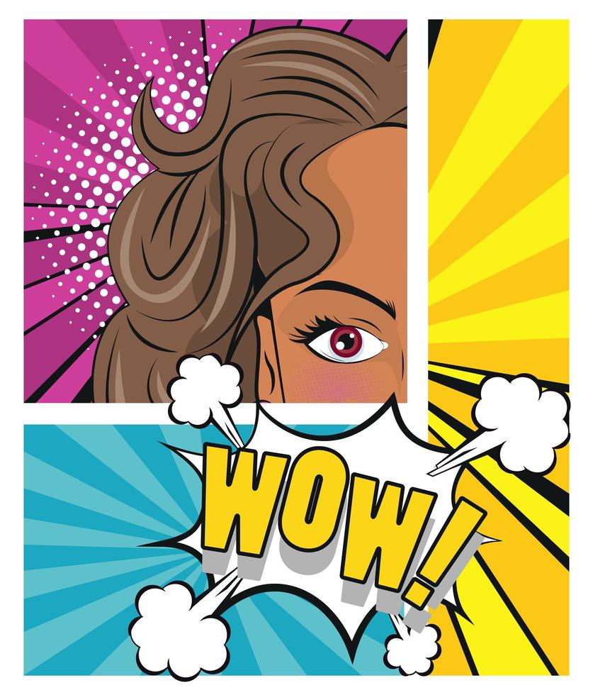 hermosa mujer morena y wow expresión cartel de estilo pop art vector