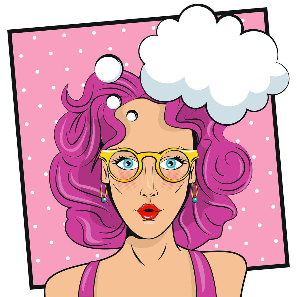 hermosa mujer con cabello rosado y expresión estilo pop art nube vector