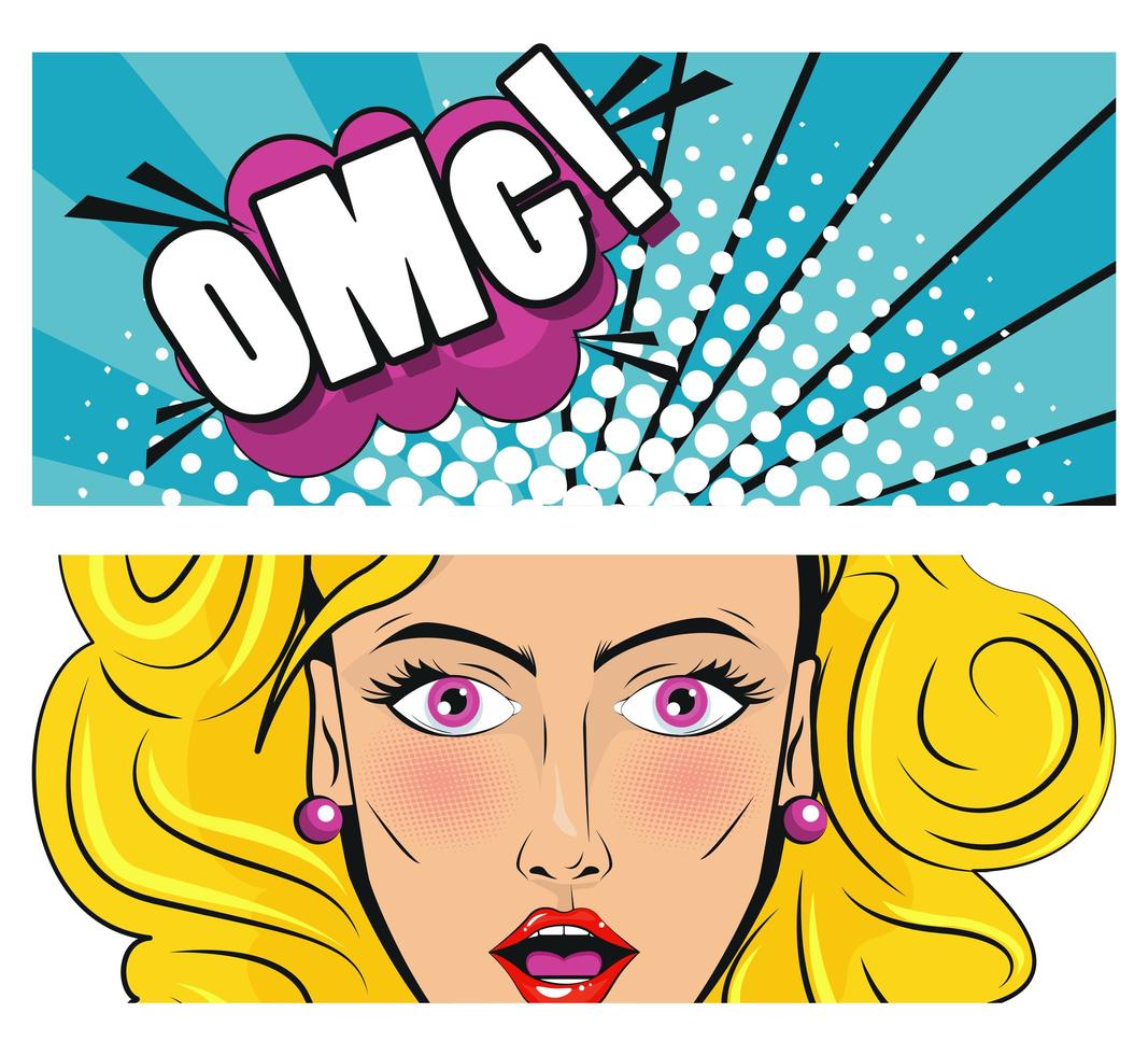 beautiful blond woman with omg word pop art style poster vector