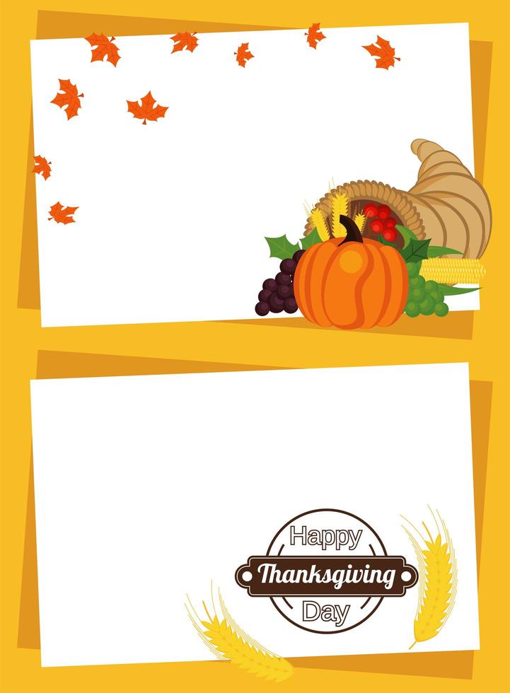 happy thanksgiving day poster with fruits in horn and spikes frames vector